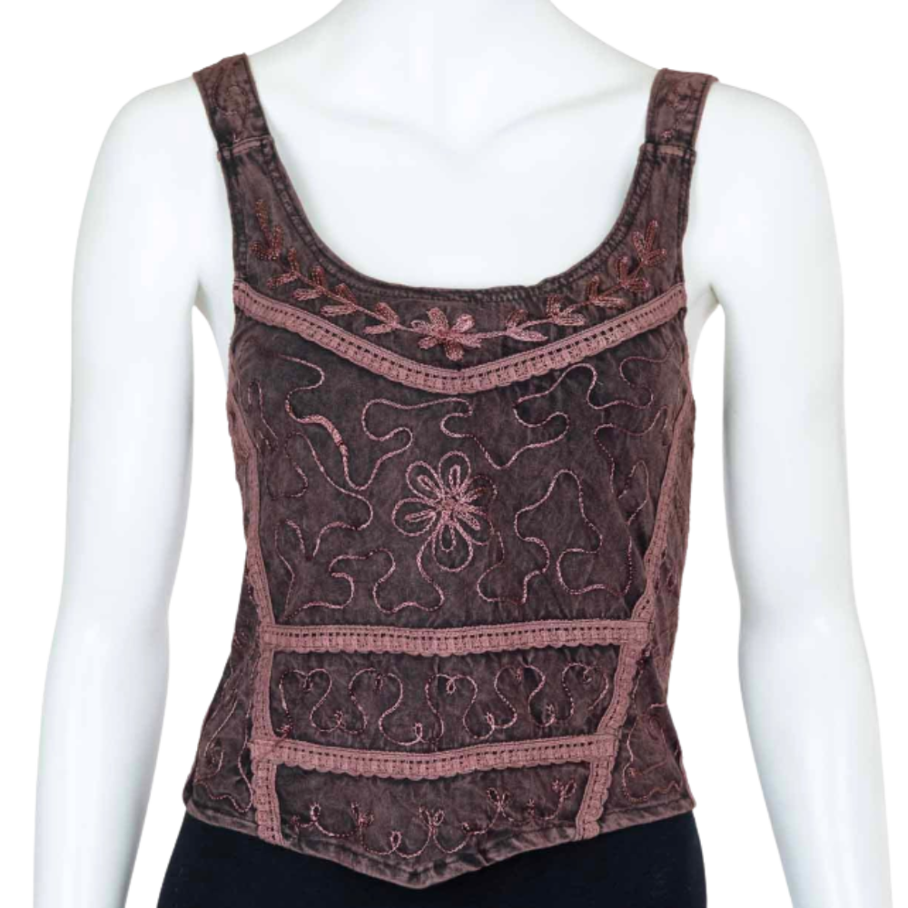 Aari Embroidered Tank Top Brown - ONE SIZE