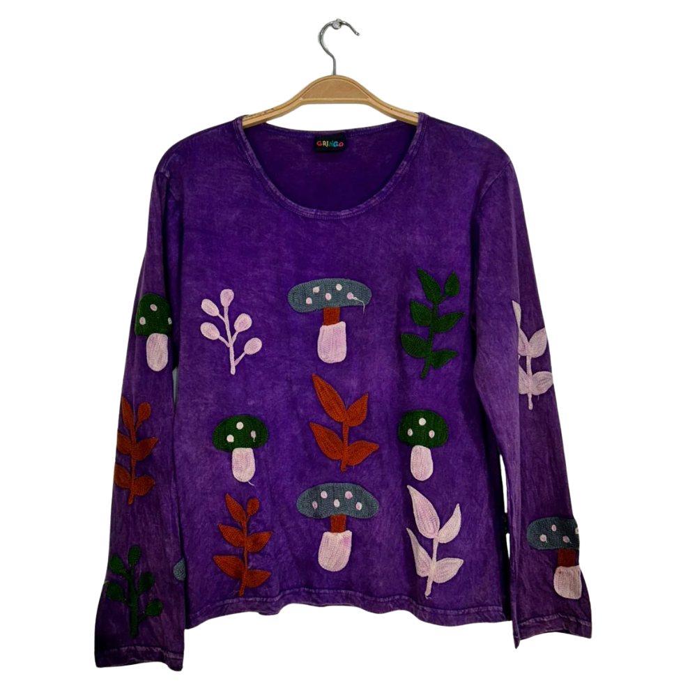 Embroidered Long Sleeve T Shirt Purple - X LARGE