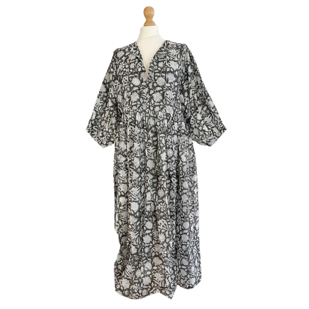 Long Dress Indian Block Print Black & White - Small/Medium
