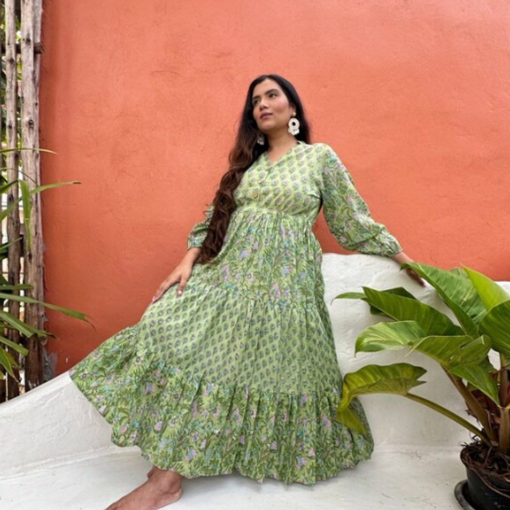 Long Maxi Dress Indian Block Print Green Floral - ONE SIZE