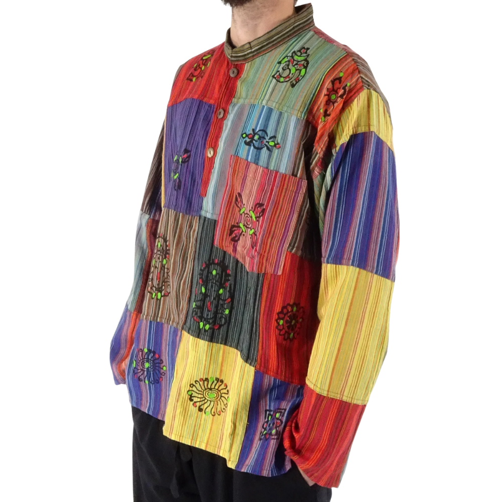Multi Patchwork Stripe 3 Button Shirt - LARGE - EastMoonSpirit 
