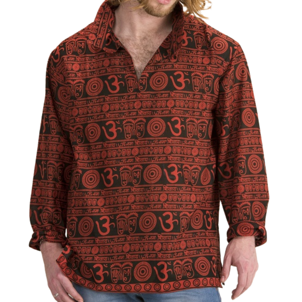 Om Print Cotton Half Neck Kurta Red - MEDIUM/LARGE - EastMoonSpirit 