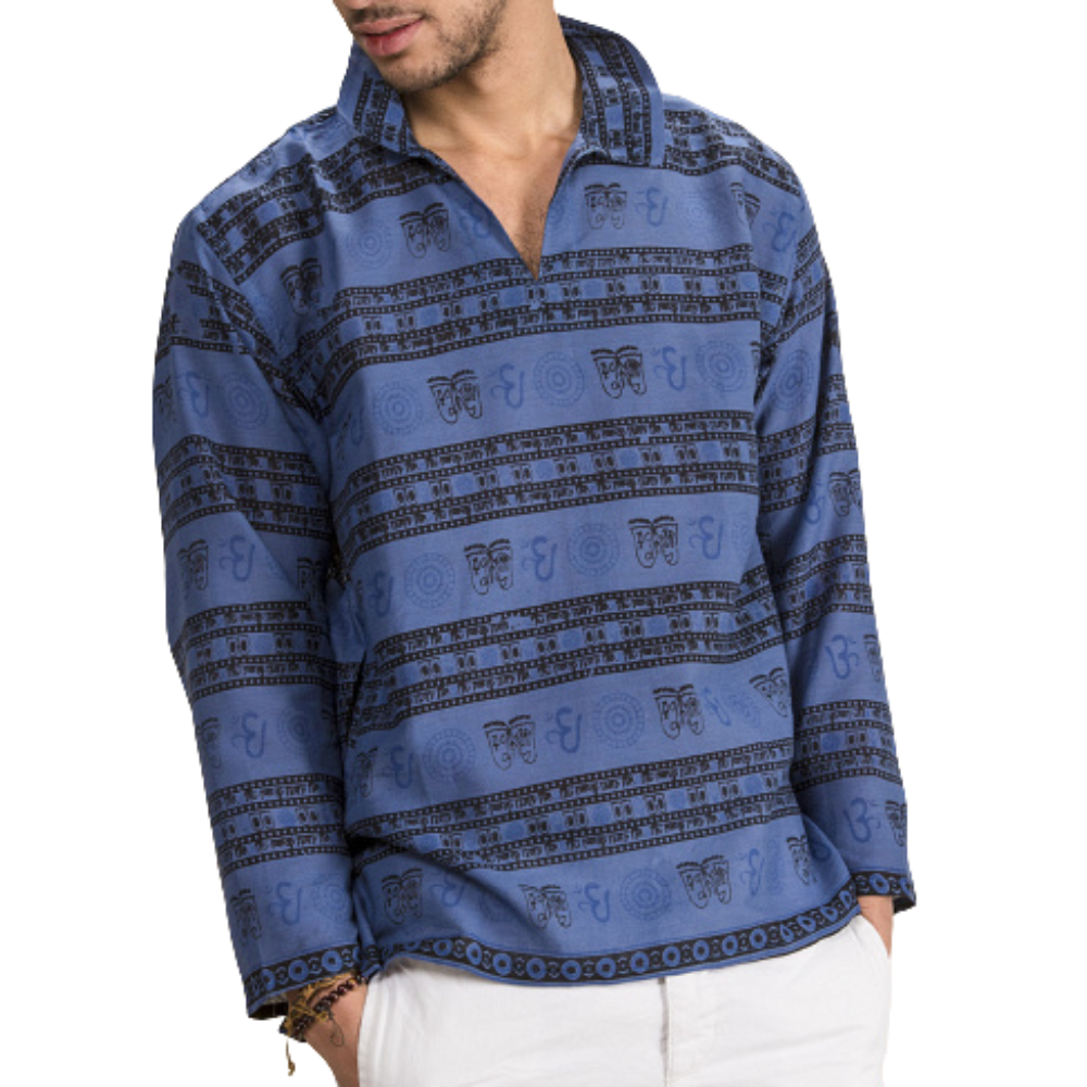 Om Print Cotton Half Neck Kurta Blue - MEDIUM/LARGE - EastMoonSpirit 
