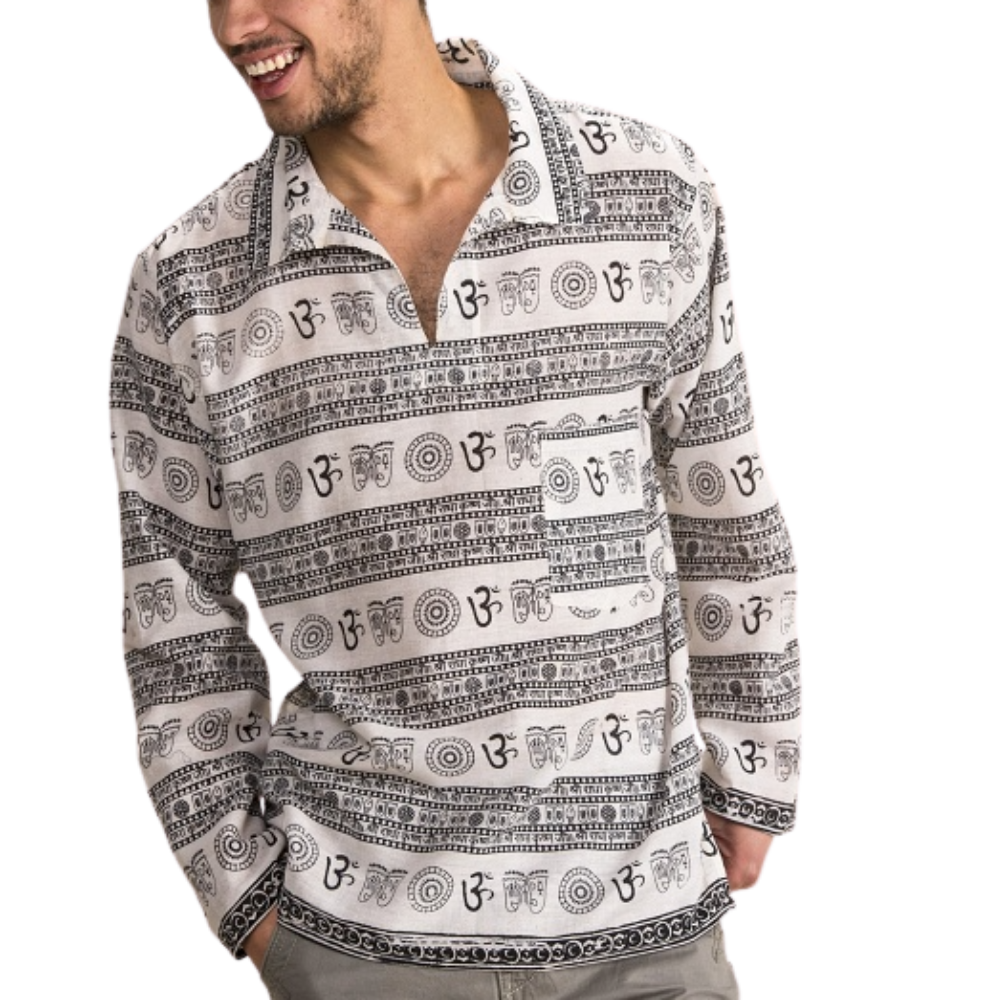 Om Print Cotton Half Neck Kurta Cream - MEDIUM/LARGE - EastMoonSpirit 