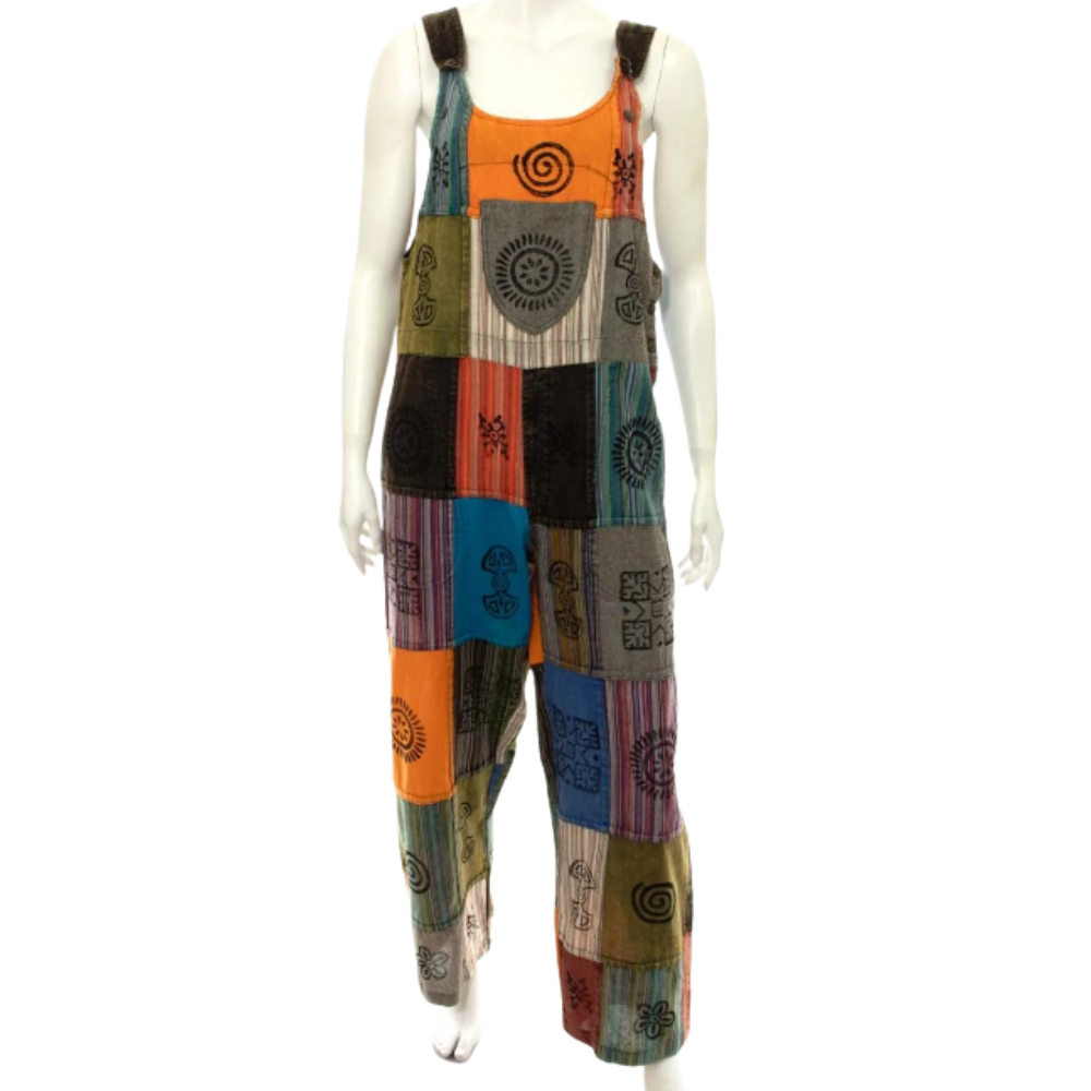 Patch Stonewash Block Print Dungarees - X LARGE