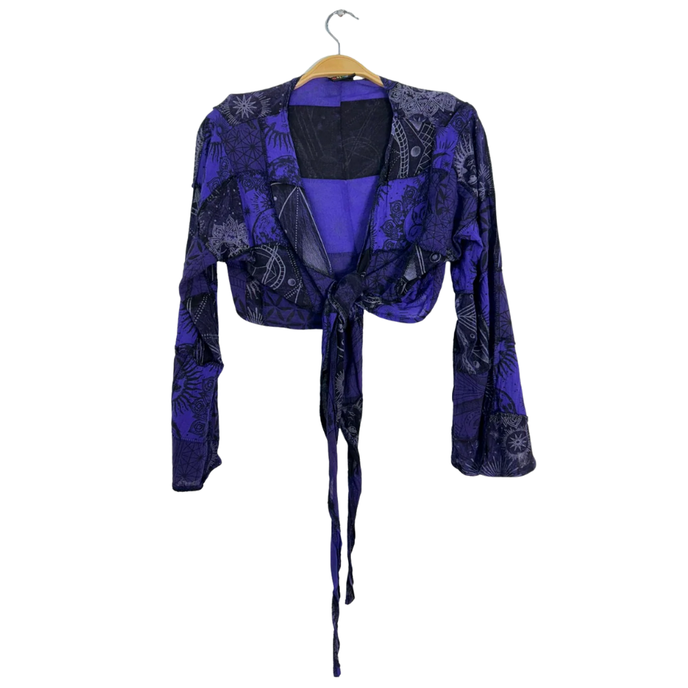 Patch & Print Long Sleeve Tie Top Purple - ONE SIZE