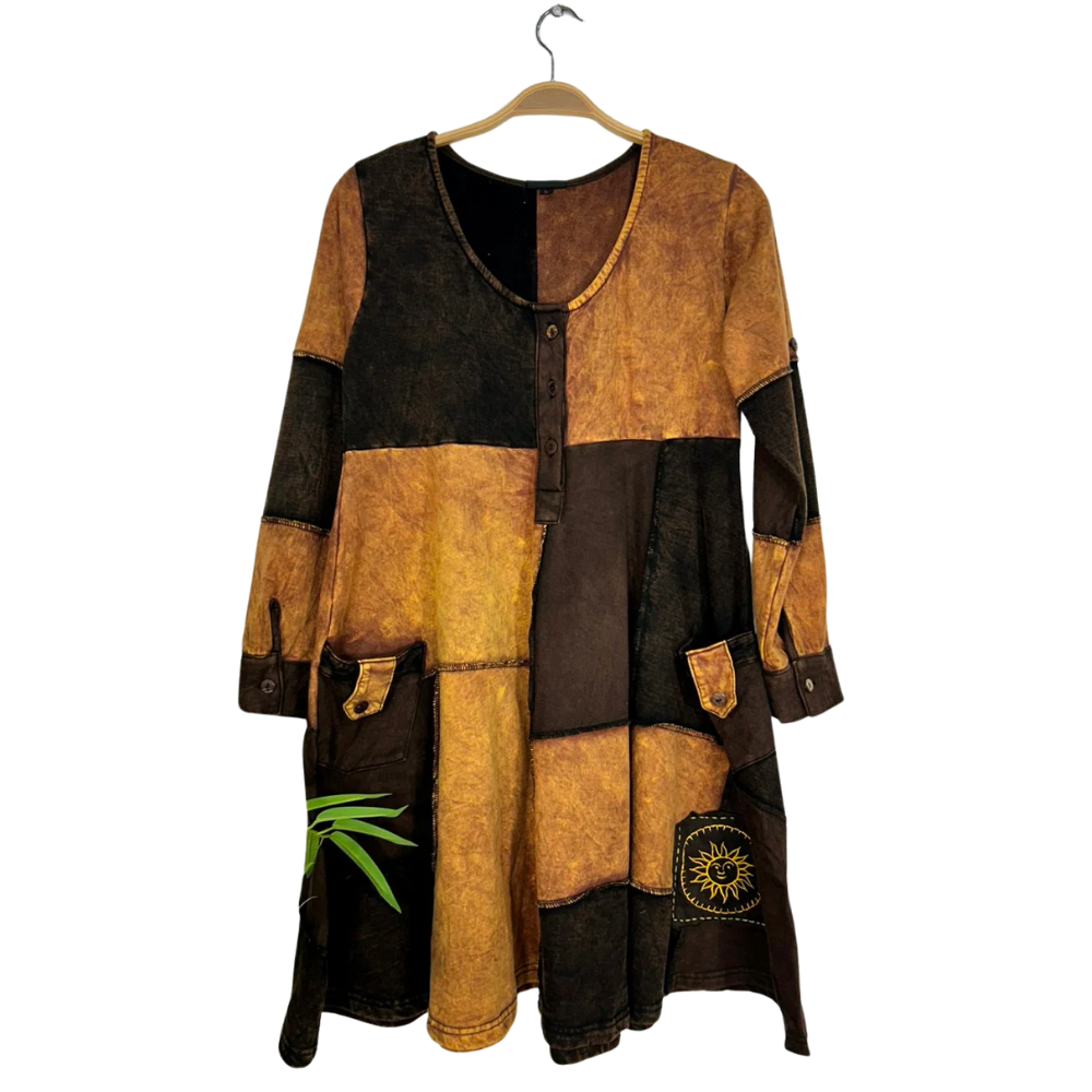 Patchwork Cotton Fleece Short Dress/Tunic Chocolate - X LARGE - EastMoonSpirit 