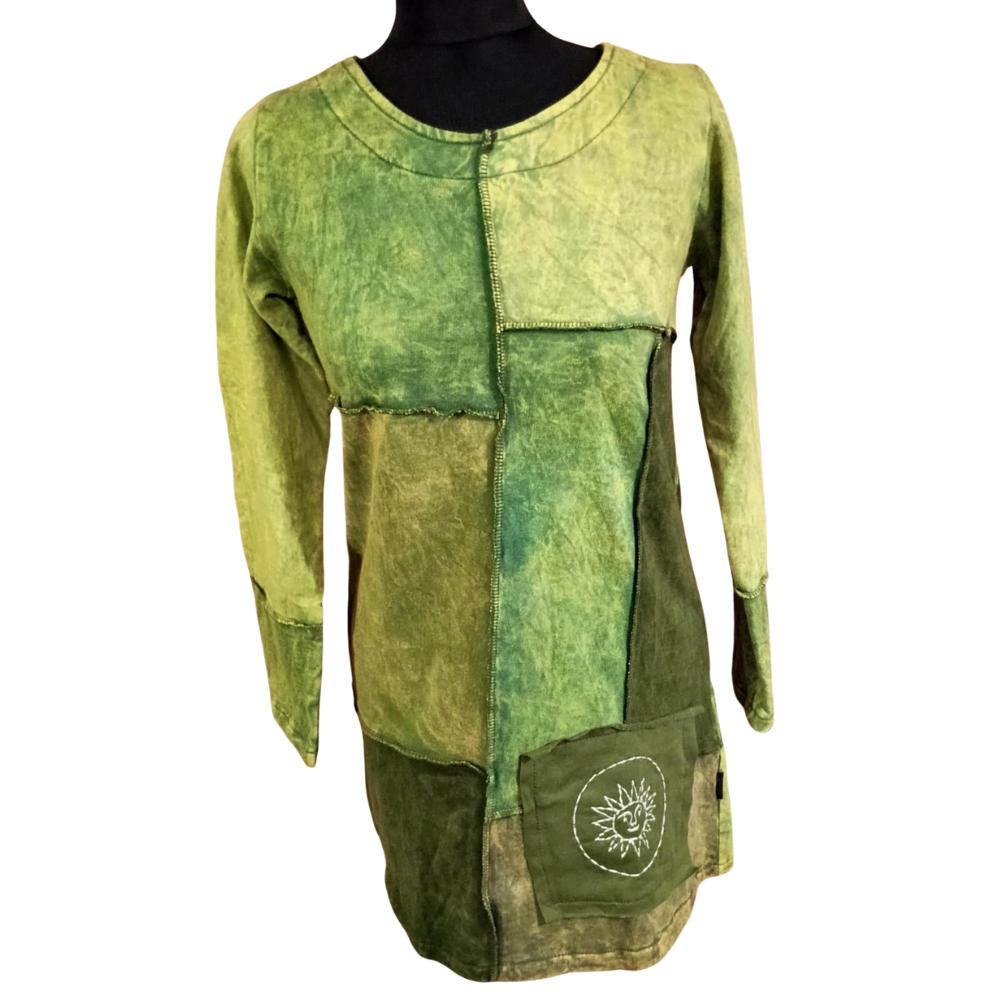 Patchwork Cotton Fleece Short Dress/Tunic Green - X LARGE - EastMoonSpirit 