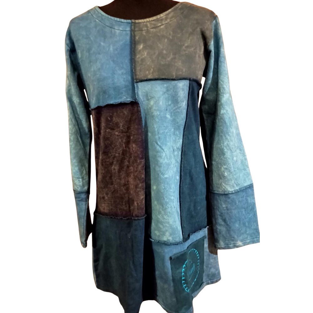 Patchwork Cotton Fleece Short Dress/Tunic Blue - SMALL/MEDIUM - EastMoonSpirit 