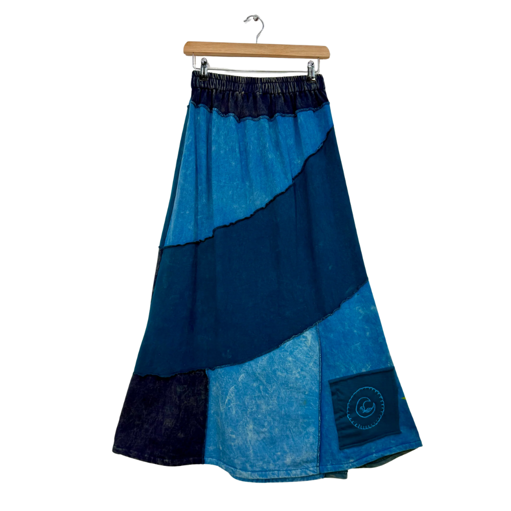 Patchwork Cotton Long Fleece Skirt Blue - ONE SIZE
