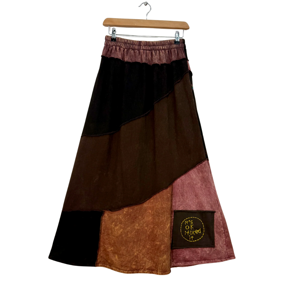 Patchwork Cotton Long Fleece Skirt Chocolate - ONE SIZE