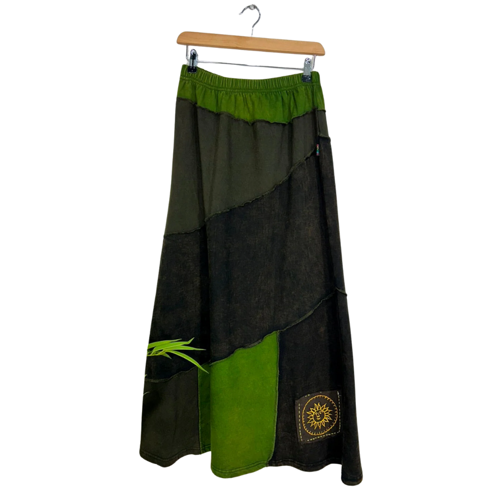 Patchwork Cotton Long Fleece Skirt Green - ONE SIZE