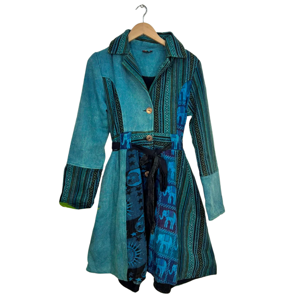 Patchwork Gheri Belted Coat Petrol - SMALL/MEDIUM