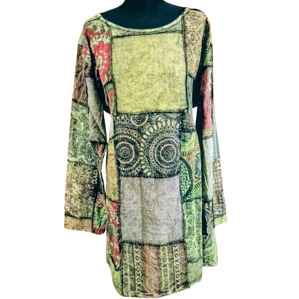 Patchwork Long Sleeve Midi Dress Green - SMALL/MEDIUM - EastMoonSpirit 