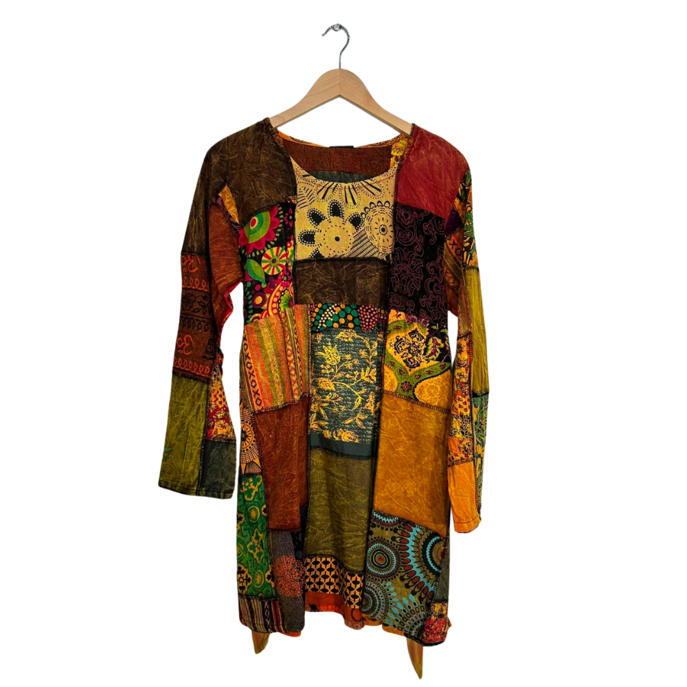 Patchwork Long Sleeve Midi Dress Rust - X LARGE - EastMoonSpirit 