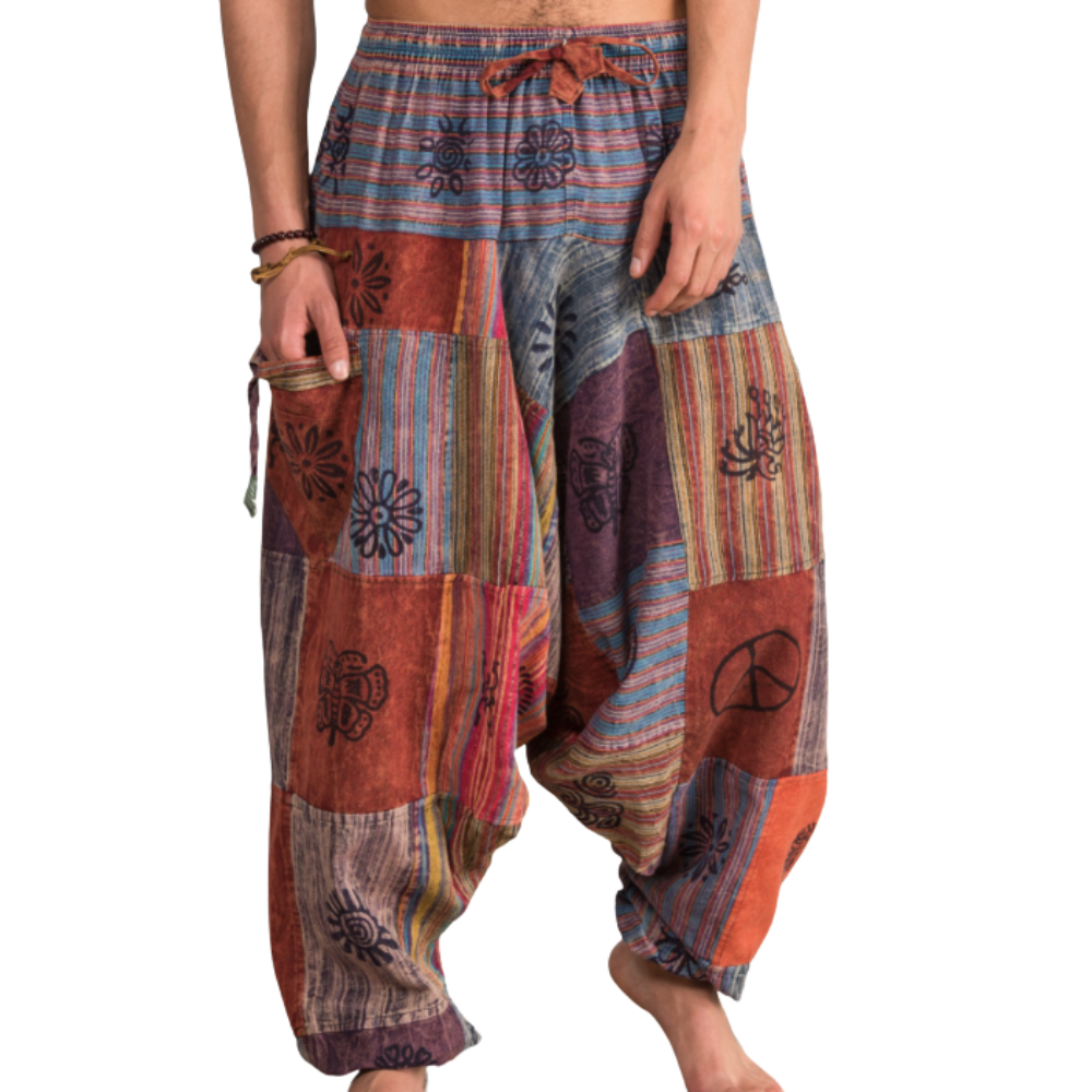 Stonewash Cotton Patchwork Aladdin Pants - FREE SIZE - EastMoonSpirit 