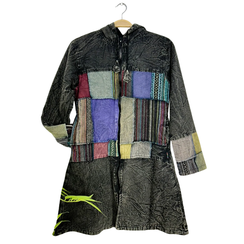 Stonewash and Patchwork Lined Long Jacket - SMALL/MEDIUM